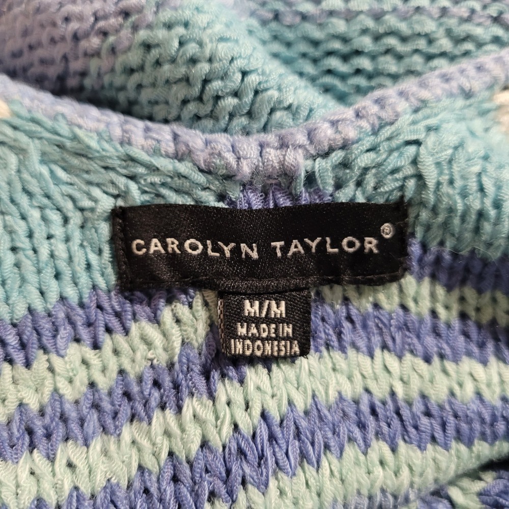 Carolyn Taylor Striped Crochet Tank Top‎ Womens Medium Blue Sleeveless Beaded - Picture 5 of 8